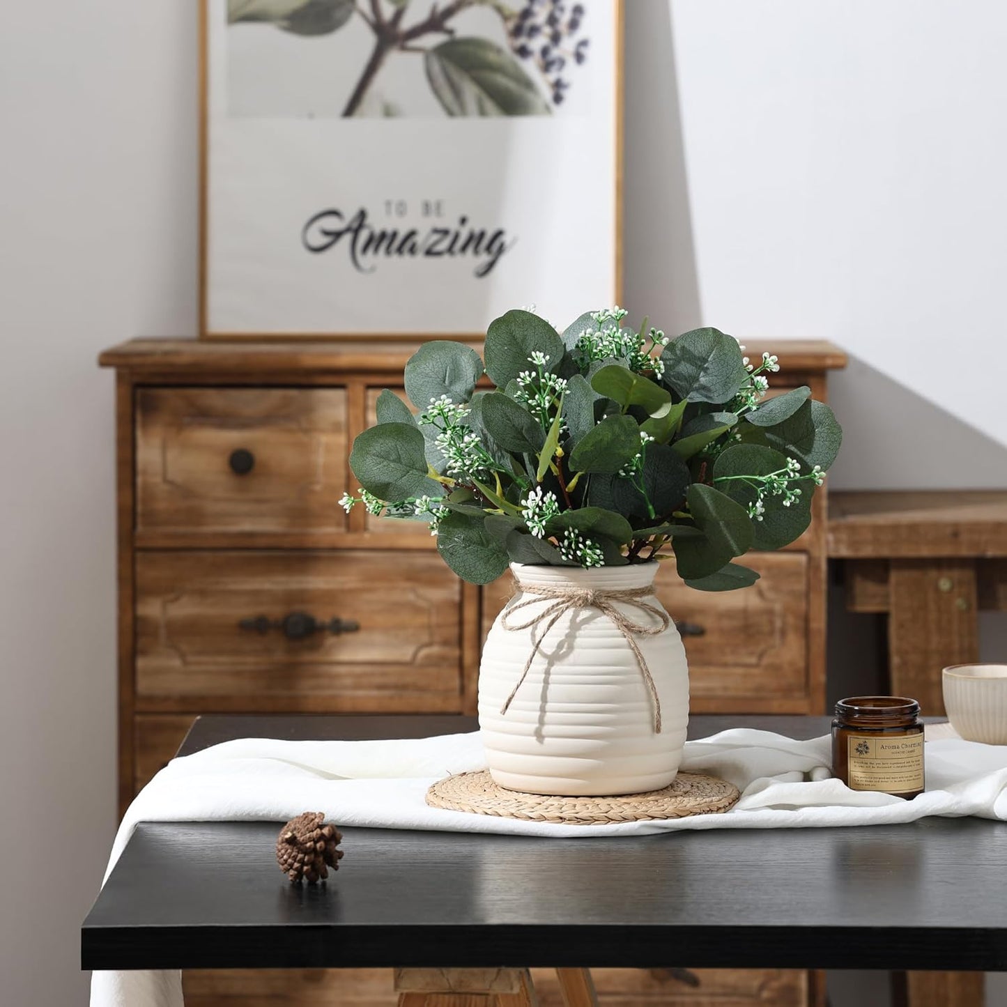 Ceramic Vase / Faux Decorative Plants / White