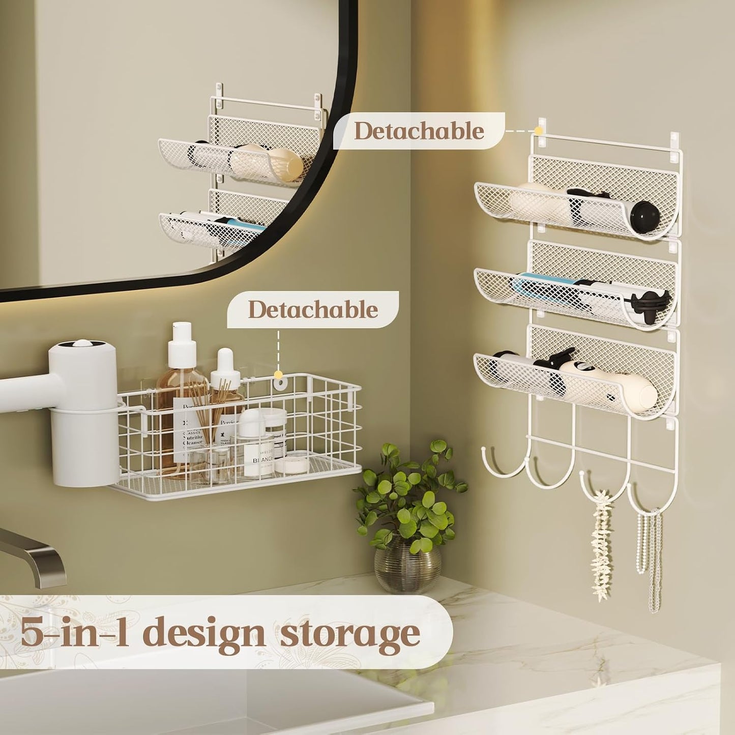Wall-Mounted Hair Dryer Holder Styling Tool Organizer 4-Shelf Storage Wire Basket with Hook Heat Safe Rack for