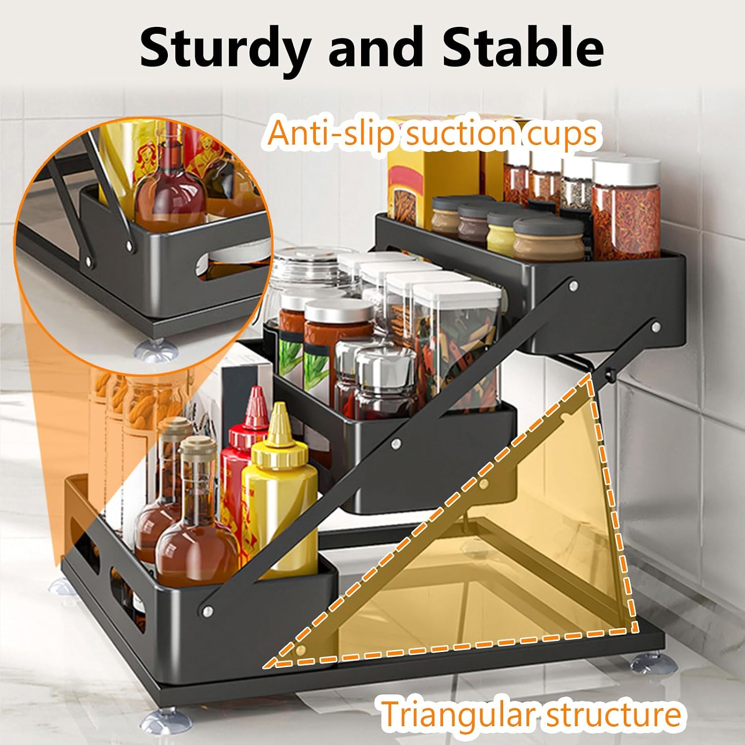 Ceetug 3 Tier Foldable Spice Rack, Black | Iron, For Countertop, Kitchen Seasoning Organizer, For Cabinet