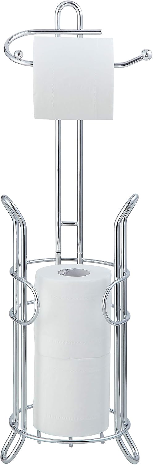 SunnyPoint Freestanding Toilet Paper Holder with Storage – Holds 3 Spare Rolls, Heavy-Duty Steel, Chrome Finish, Easy