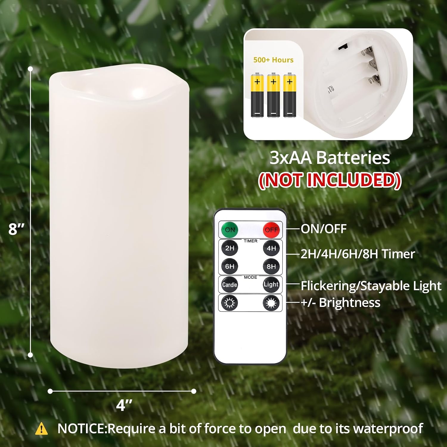 NURADA 8" x 4" Large Outdoor Flameless Candles - Waterproof LED Pillar Flickering Candle Battery Operated with Timer