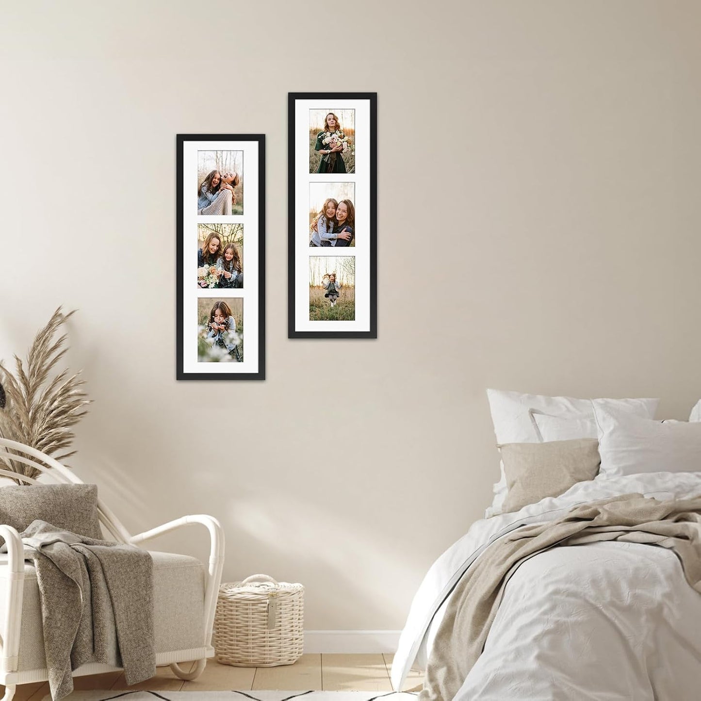 Giftgarden 5x7 Collage Picture Frame 3 Openings Horizontal, Textured Metal 8x24 Frame Matted to Three 5x7 Photos with
