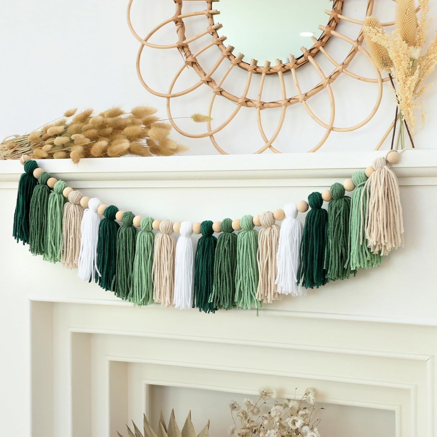 Green Tassel Wood Bead Garland Wall Hanging In Home Decor For Nursery Kids Bedroom / Green Banner