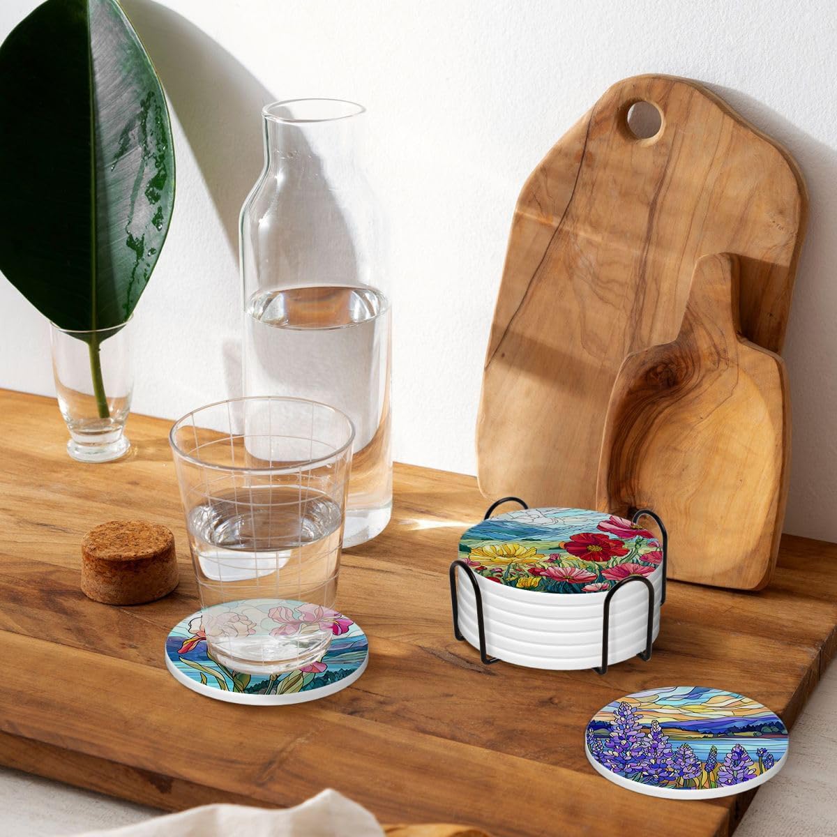 Holder / Drink Absorbent Coasters / Stained Glass Flowers / Round / Set of 6