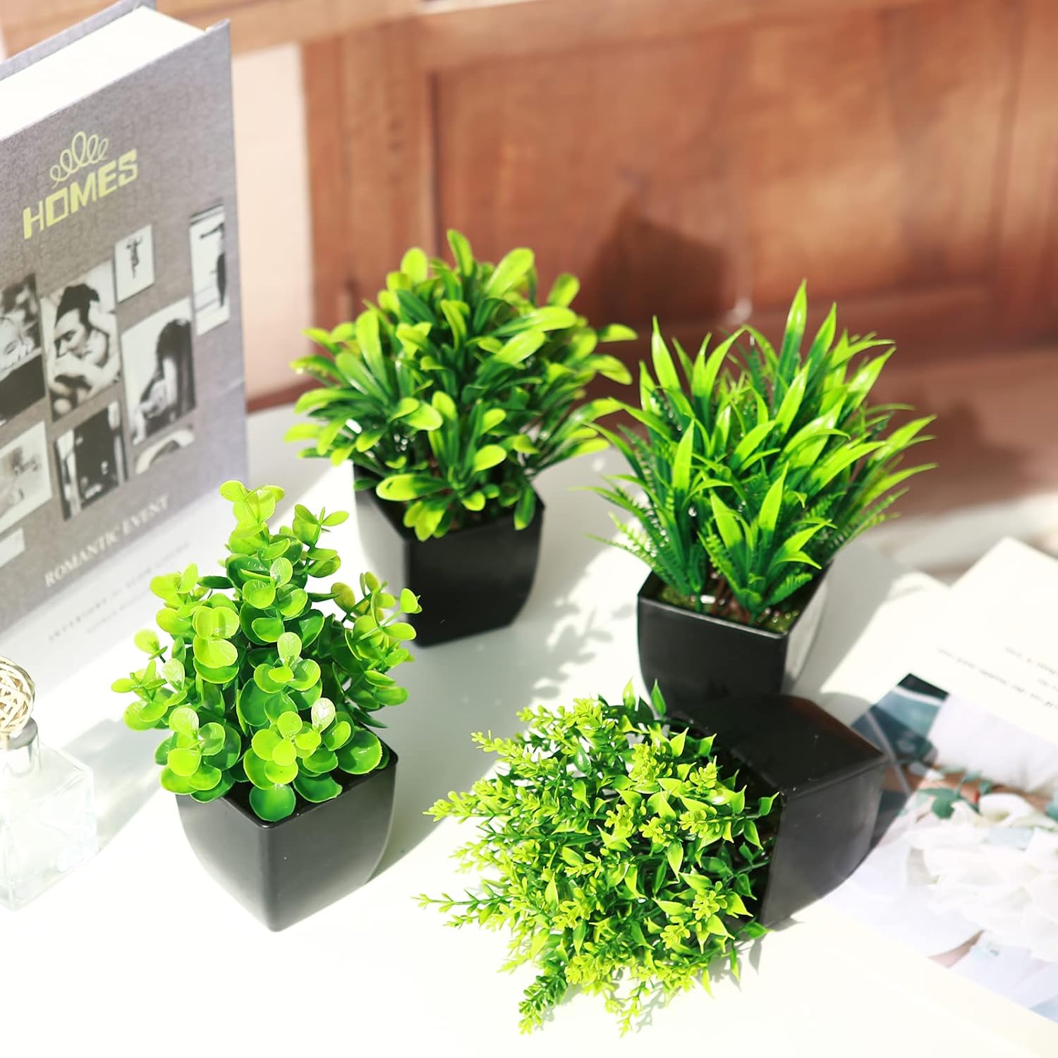 Fake Plants in Black Pot Mini Artificial Eucalyptus Potted Plant Small Faux / Black-4 / Set of 4