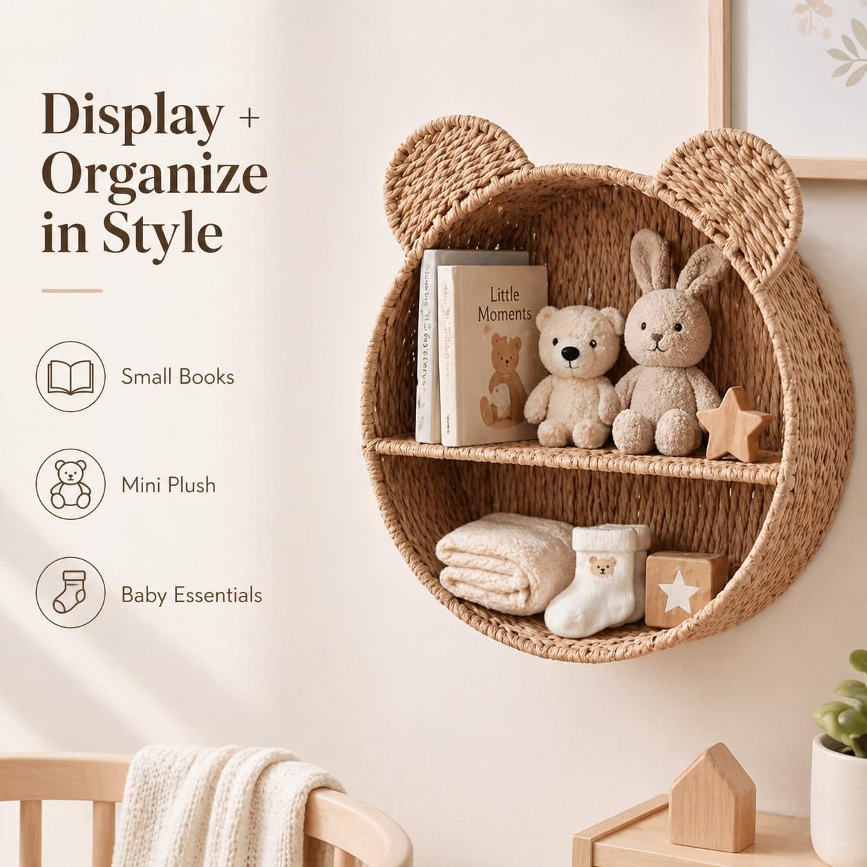 Woven Wall Basket Shelf Bear Nursery Decor / Khaki