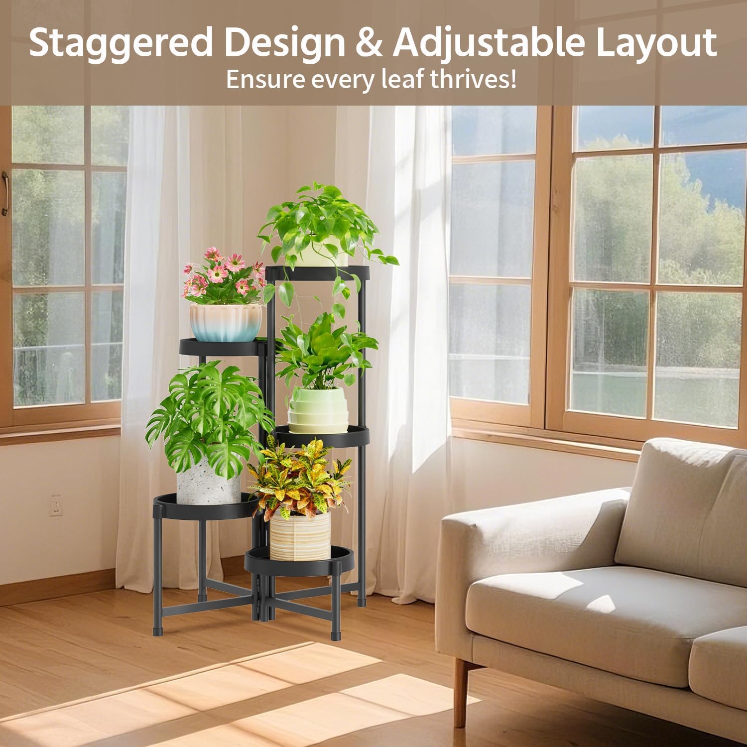 LASZOLA Plant Stand Indoor Outdoor Tall with Plastic Tray, 5 Tiers Black | Corner Folding Flower Display Rack, Modern