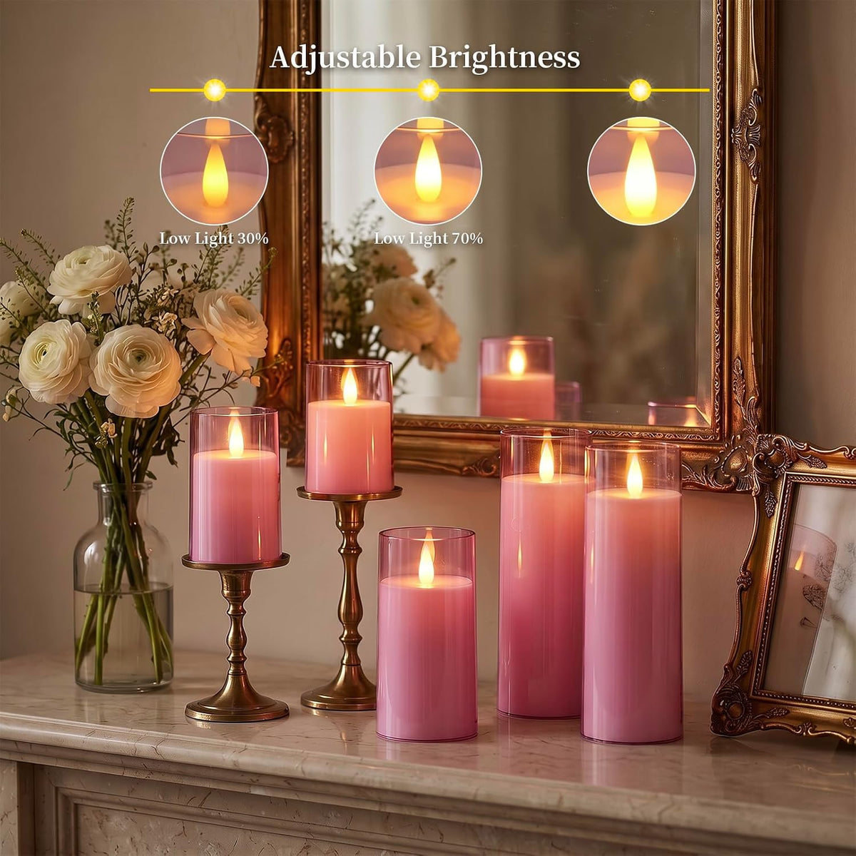 Homemory Realistic Flickering Flameless Pink Candles with Remote & Timer | LED Fake Electric Pillar Candles Battery