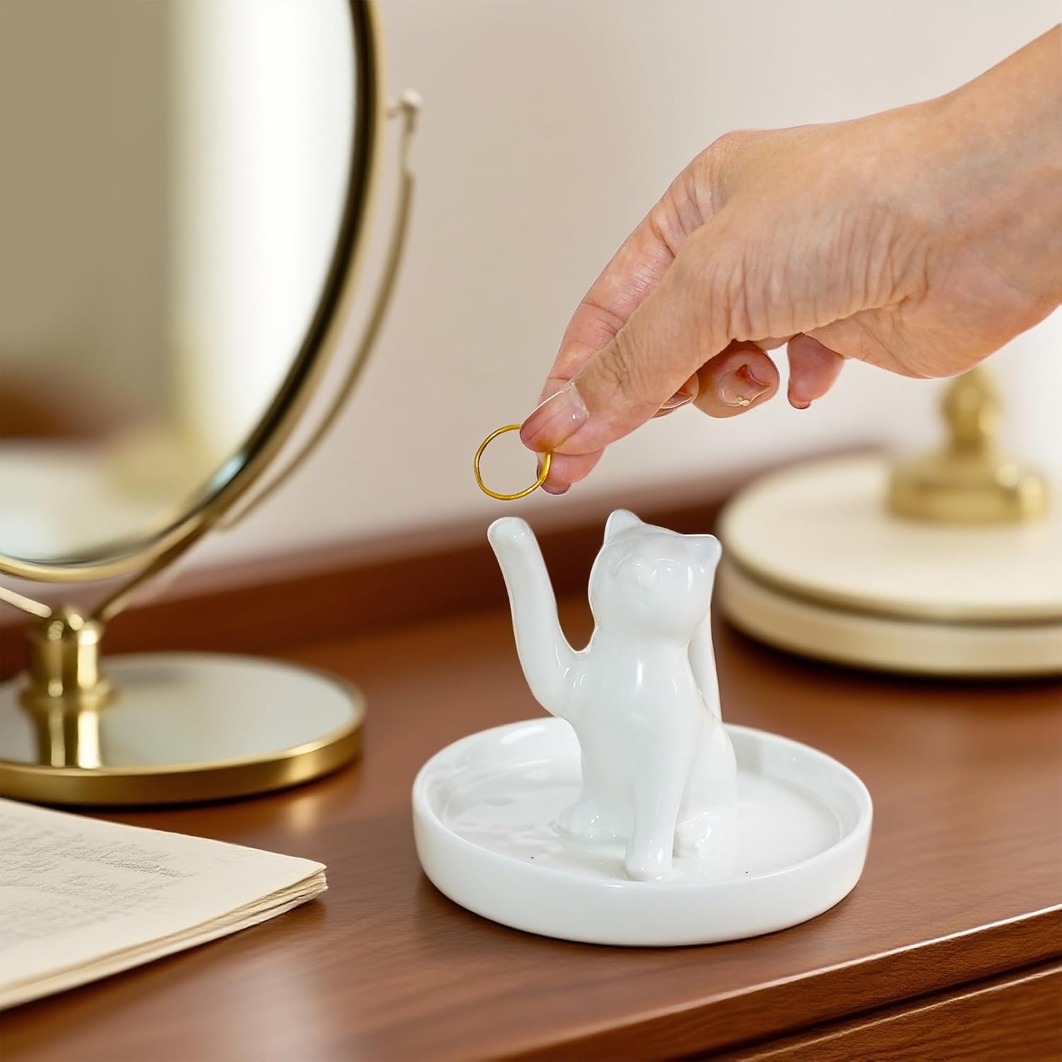Ceramic Waving Lucky Cat Jewelry Tray / Black