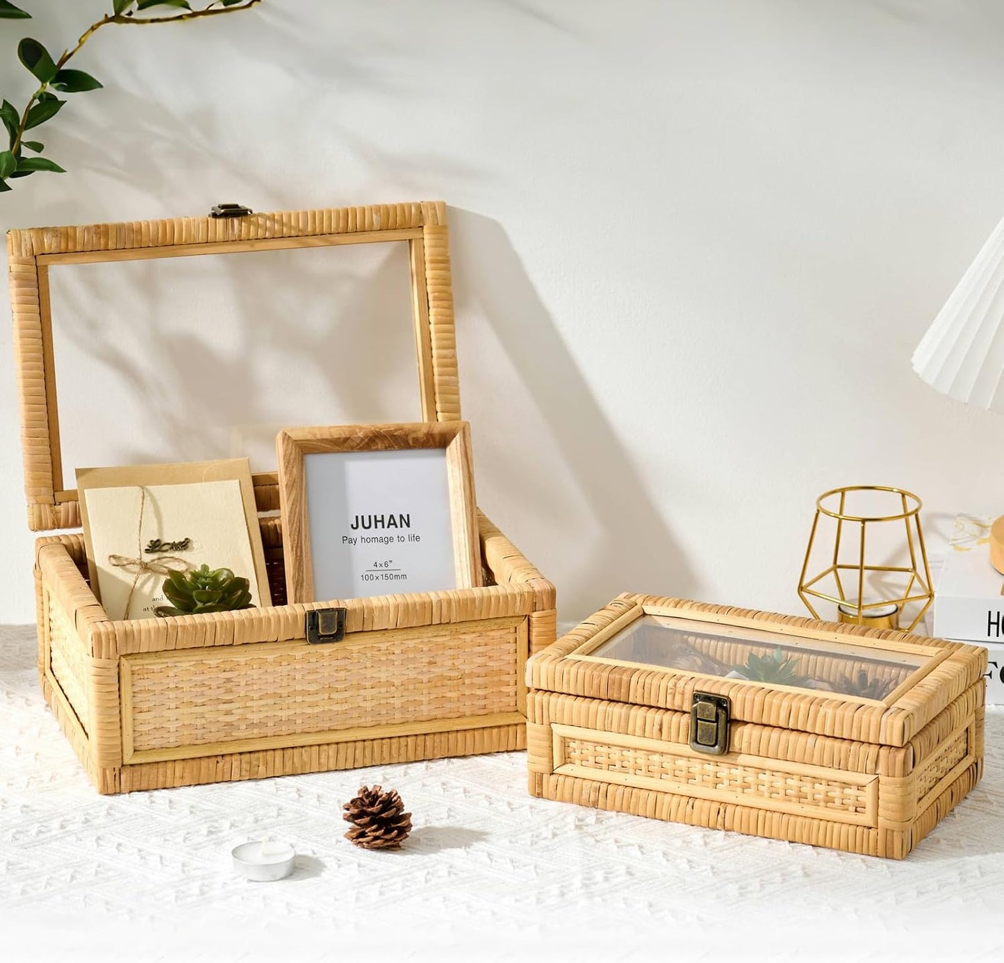 Clear Lid Wooden Frame Decorative Handmade Boho Woven Rattan Wicker Baskets Cane / Large / Natural