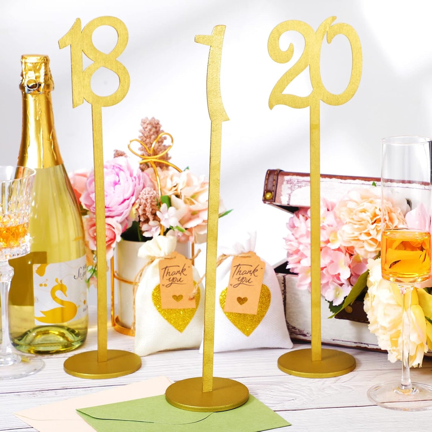 20 Pcs Table Numbers for Wedding with Holder, 1-20,Gold | Wooden Seat Numbers with Round Base Stands, Ideal for Wedding