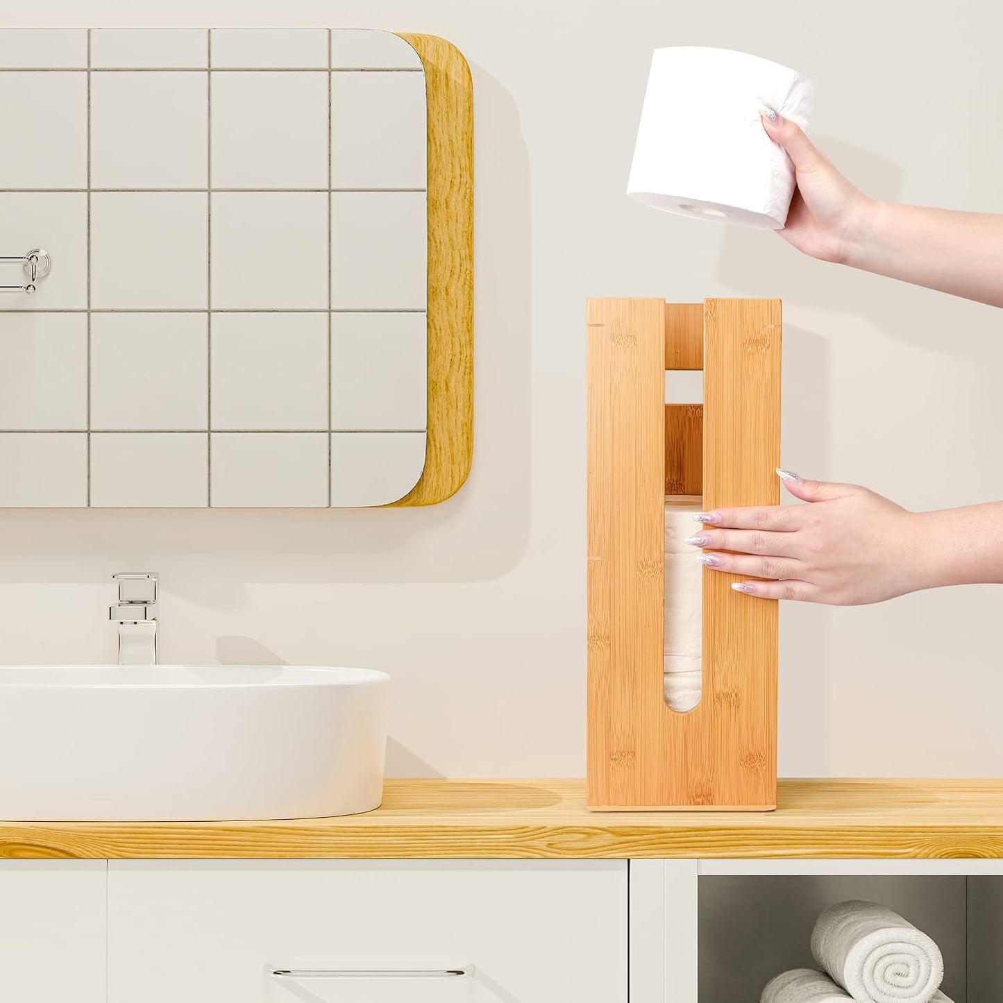 GOBAM Bamboo Toilet Paper Storage - Fits 3 Mega Toilet Paper, Bathroom Organizer, Toilet Paper Holder Stand, Bamboo