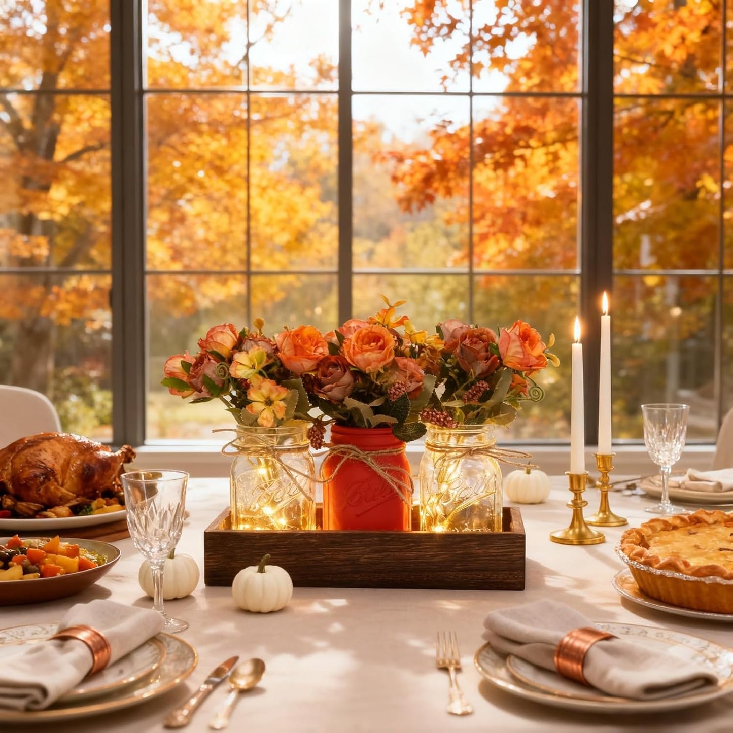 Wood Tray & 3 Artificial Flowers