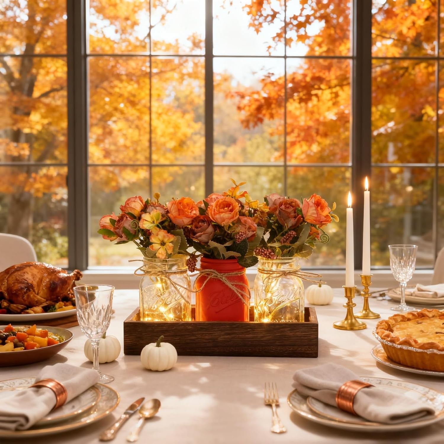Wood Tray & 3 Artificial Flowers