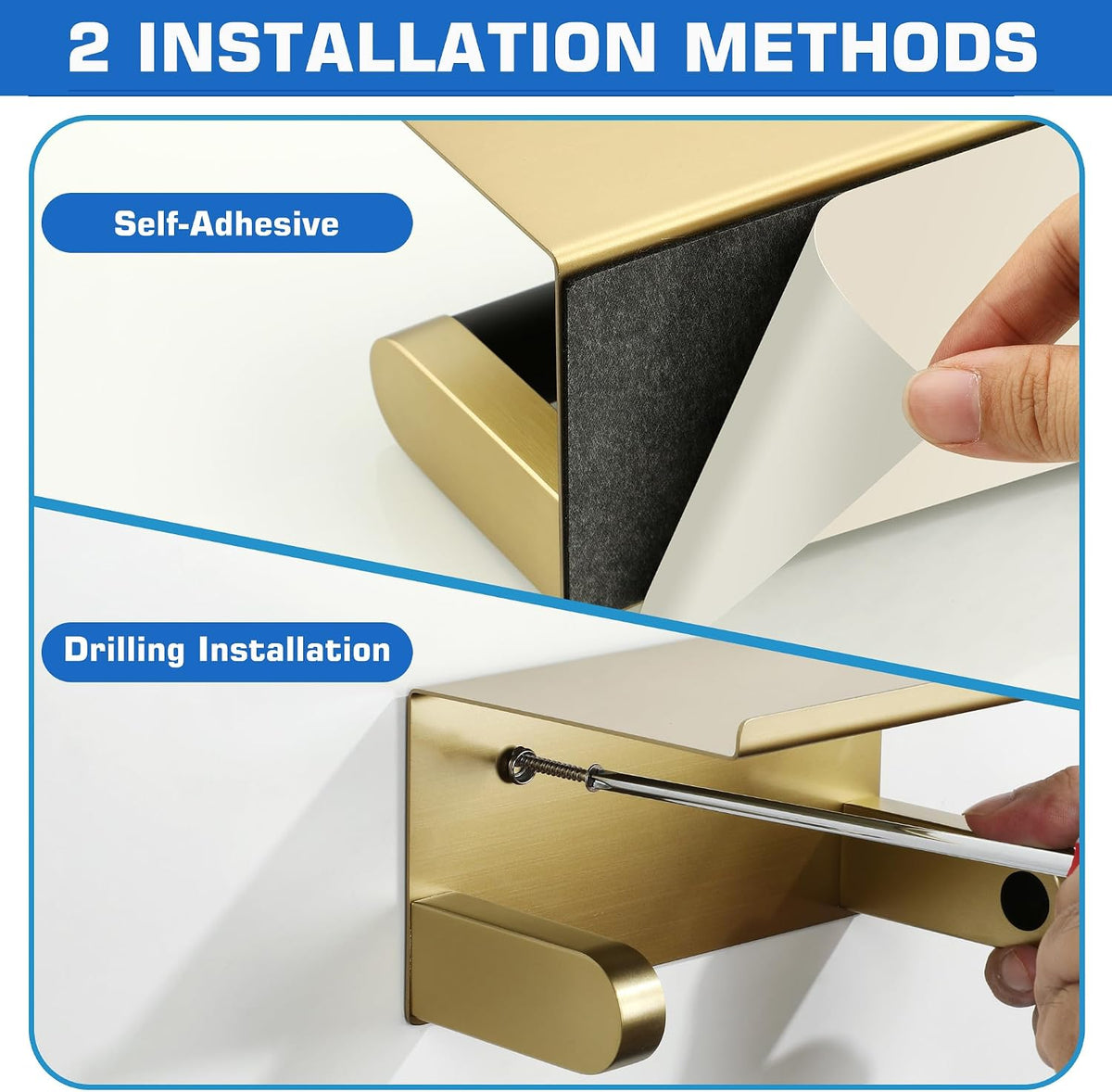 Alise Toilet Paper Holder with Shelf Wall Mount Adhesive or Screw in,Gold | SUS304 Stainless Steel Toilet Paper Roll