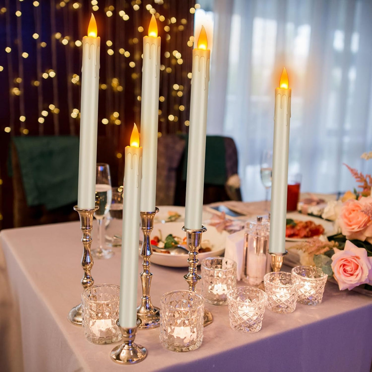 wemarry Flickering Flameless Taper Candles, 10" Fake Taper Candles Battery Operated with Timer, Long Lasting-Ivory