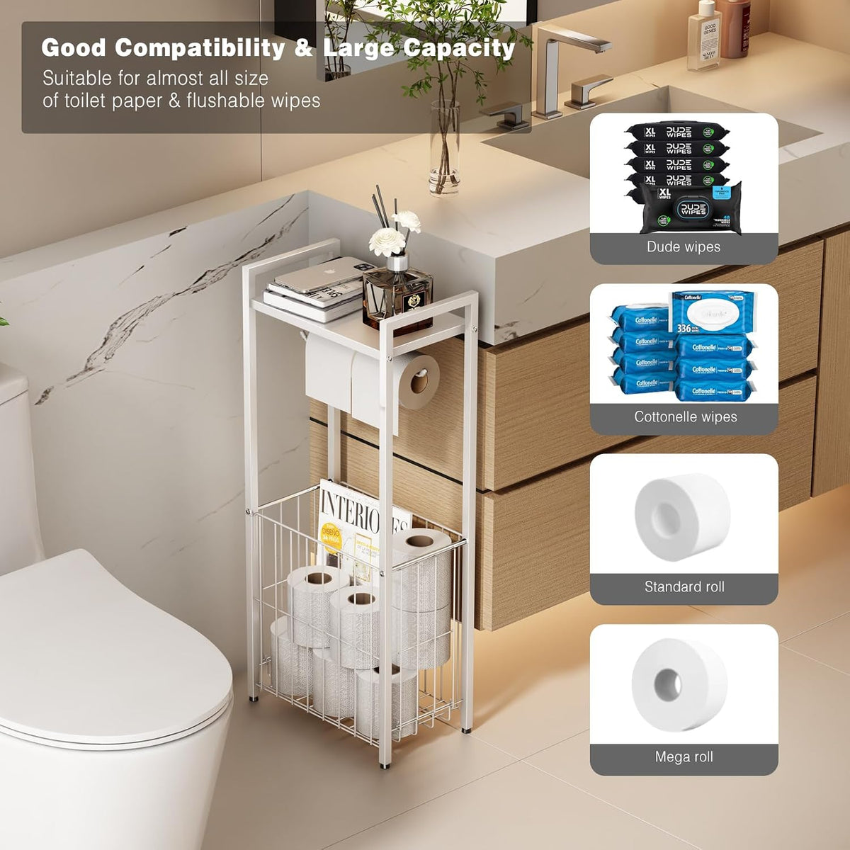 VOLDRA Toilet Paper Holder Stand with Storage Shelf, Free Standing Toilet Paper Roll Holder with Large Basket Heavy