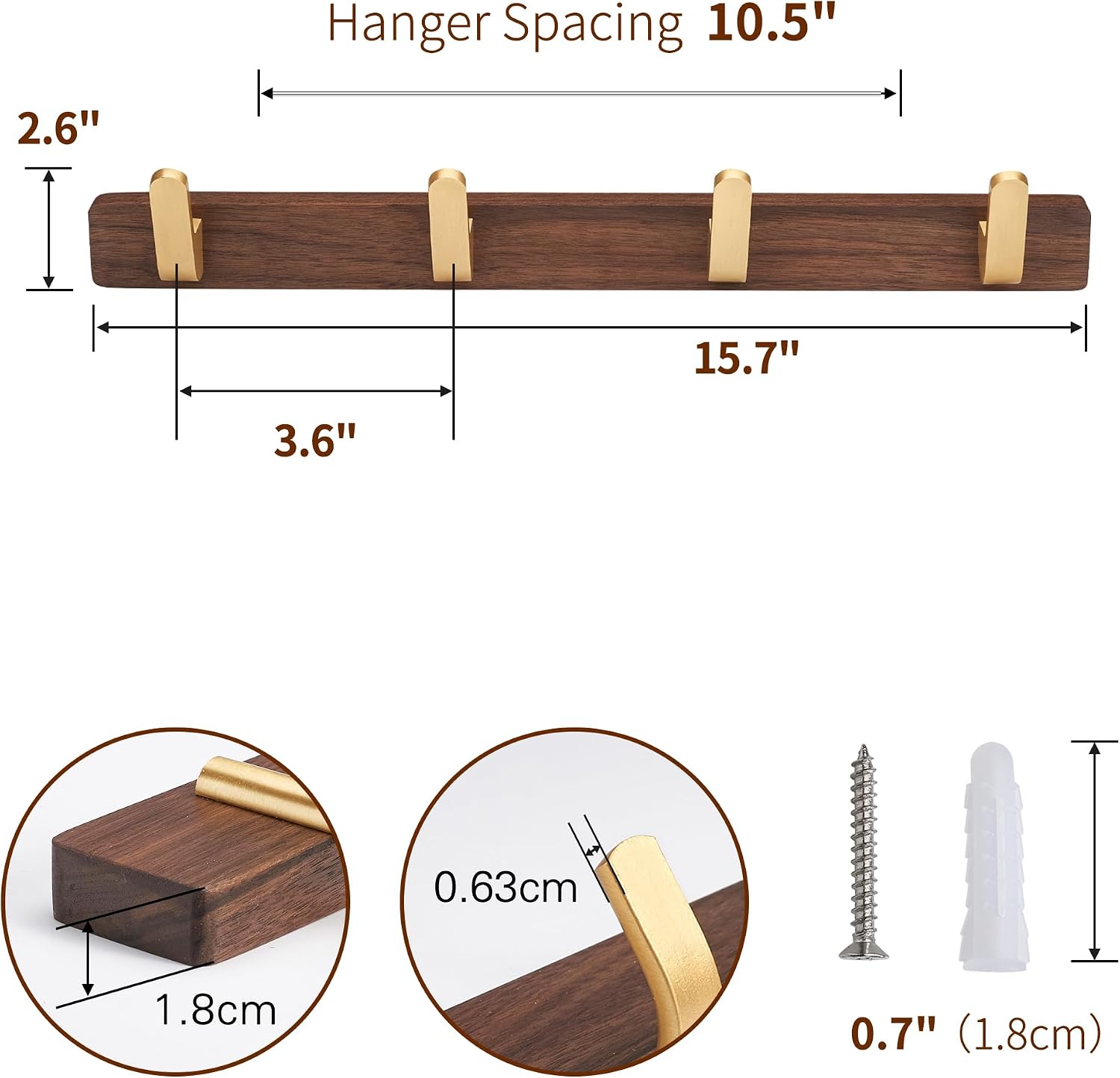 Wall Mounted Coat Rack, Metal Wood with 4 Hooks | Entryway Hanging, For Coat, Scarf, Bag, Towel, Key, Cap, Hat, Walnut