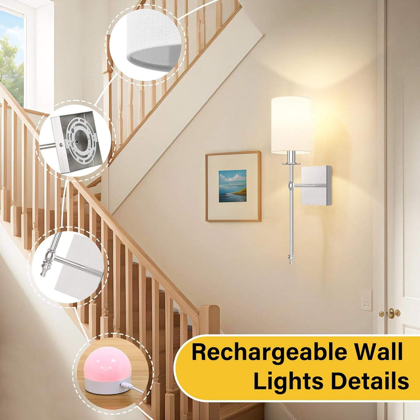 19 Inch Battery Operated Wall Sconces Set of 2 with Remote, Brushed Nickel Rechargeable Wireless Wall Lights with White
