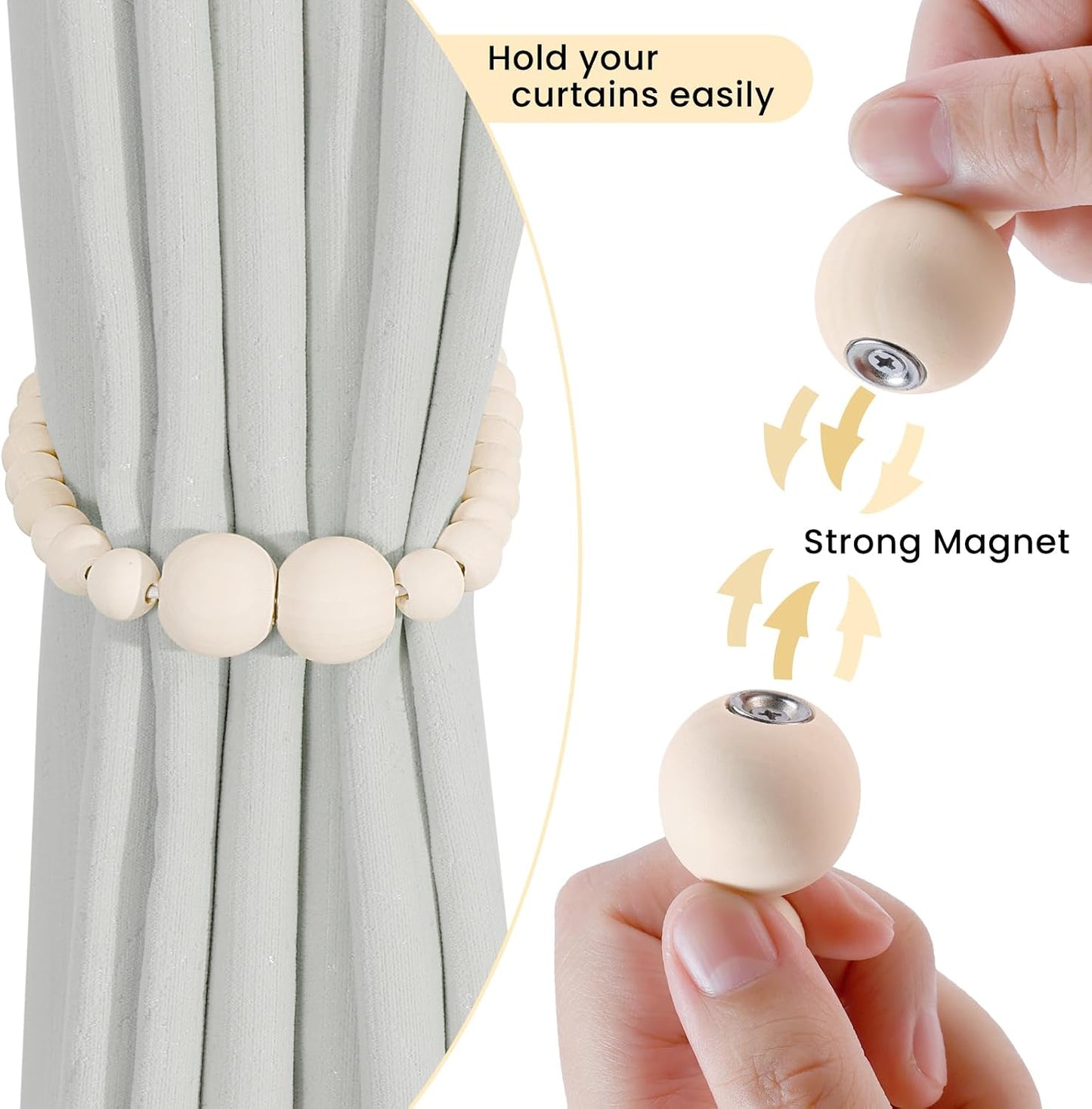 KLOGTSIND Magnetic Curtain Tiebacks, 6 Pack Wood Bead Curtain Holdbacks | Curtain Holders for Bedroom Decor, Boho Room