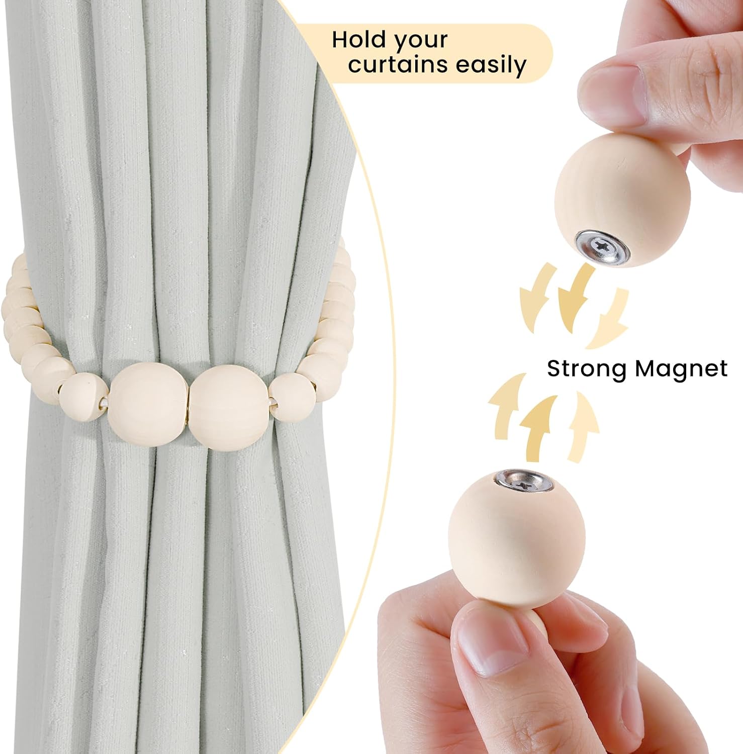 KLOGTSIND Magnetic Curtain Tiebacks, 6 Pack Wood Bead Curtain Holdbacks | Curtain Holders for Bedroom Decor, Boho Room