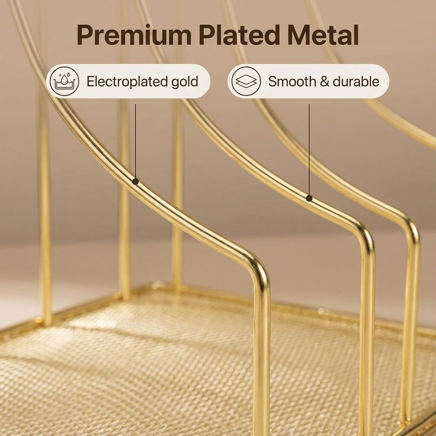 Gold Binder Organizer for Desk, 5 Slot Metal Wire Vertical File Sorter with Mesh Bottom, Large Desktop Magazine Holder