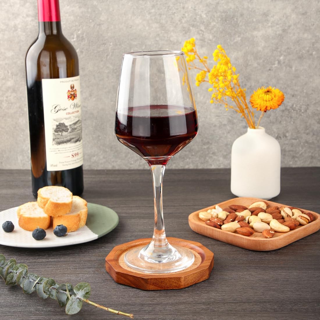 Holder / Decagonal Shape Acacia Wood Coaster Set Drink Coasters / Cork / 4.33 Inch