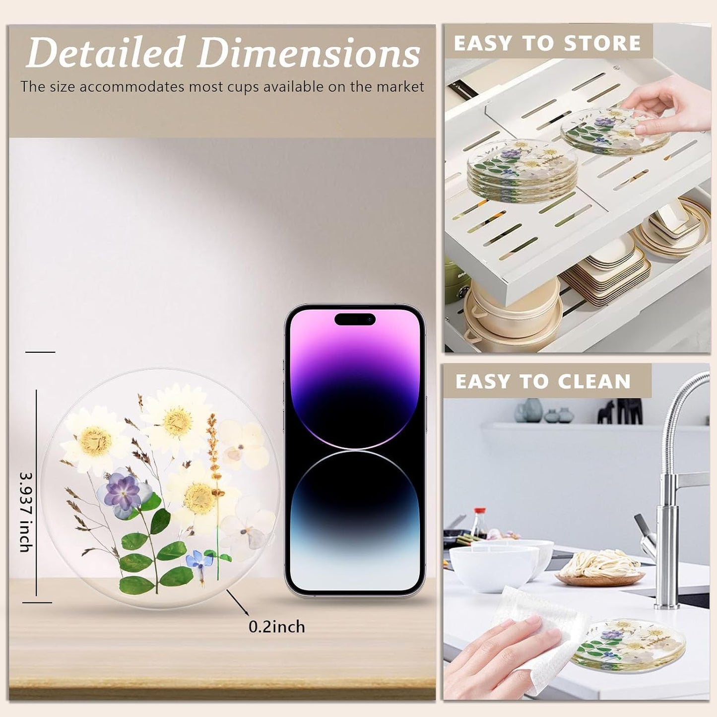 Bloom Resin Flower Coasters / WHITE / Set of 4