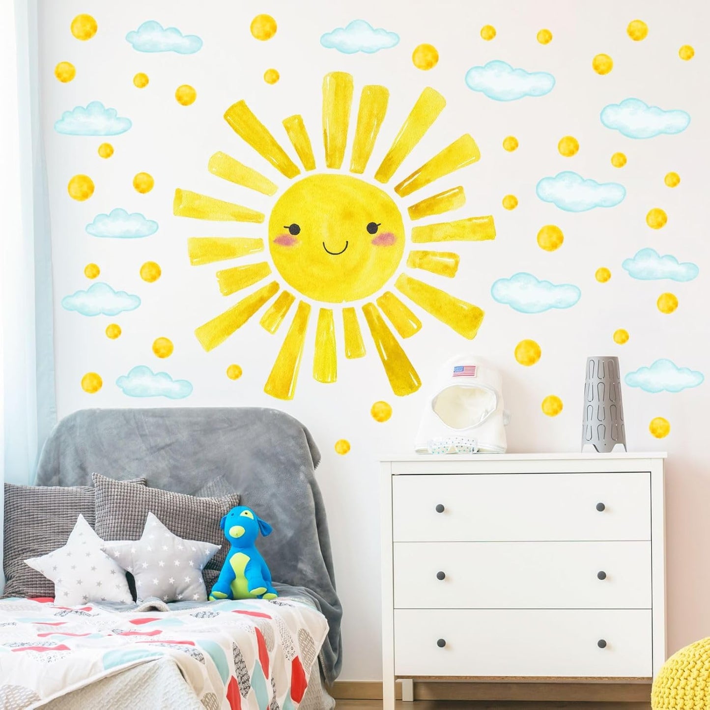 Watercolor Large Sun Wall Decals Cloud Polka Dots Wall Stickers for Kids Room / Smile Sun