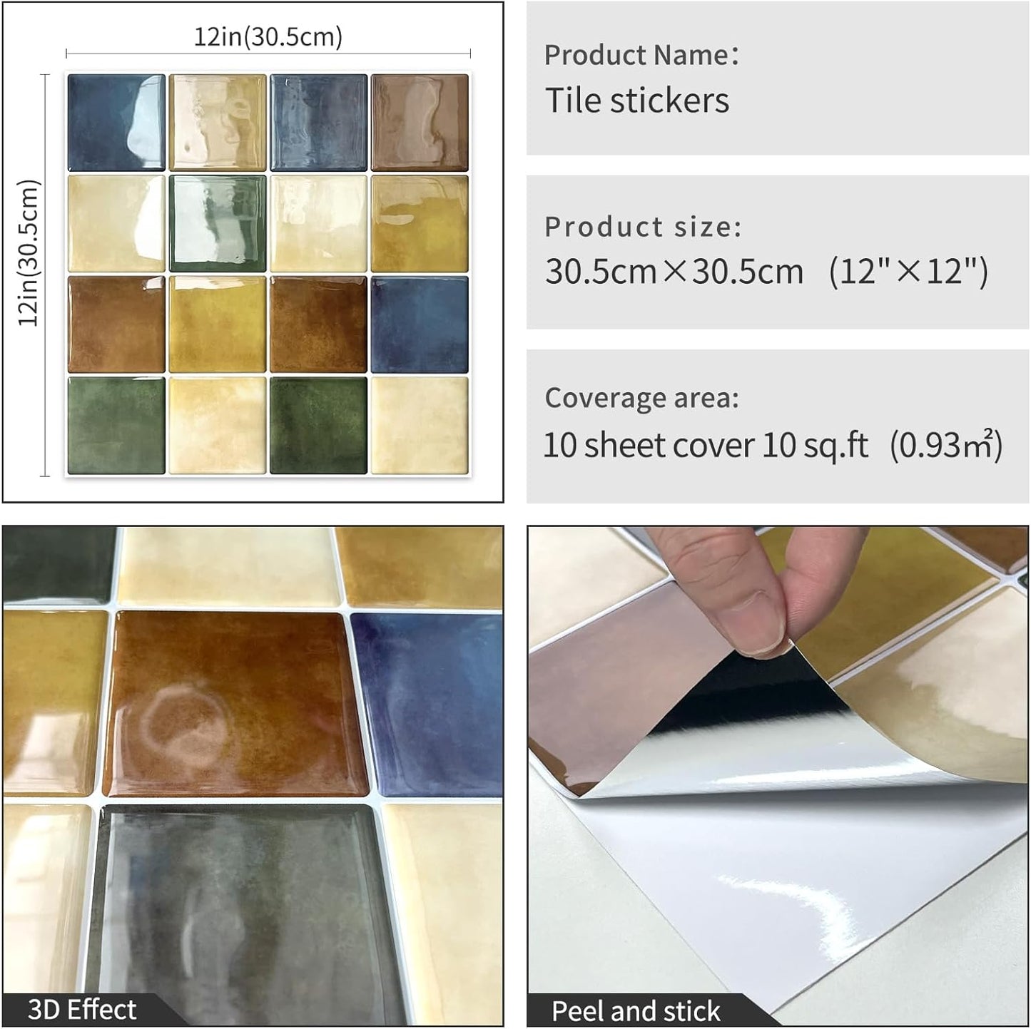 Colorful Peel and Stick Backsplash Tiles Kitchen Bathroom Square Self Adhesive Wall / Multicoloured