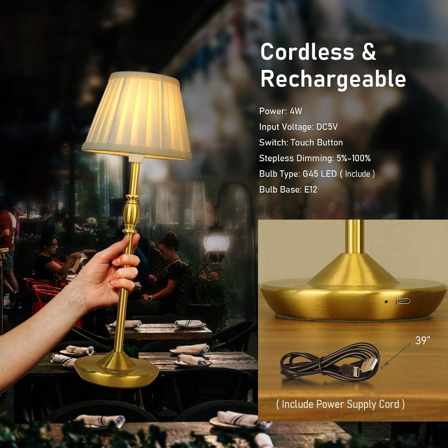 Cordless LED Touch Lamp with Dimmer Portable Small Table Lamp, 18" 2700K Rechargeable Battery Light for Bedside, Dining