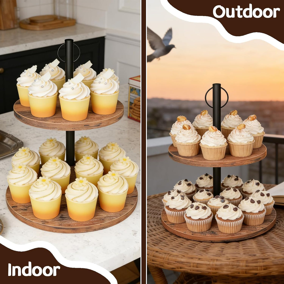 Cupcake Stand, Rustic Wood 2 Tier Cake Stand, Tiered Tray Stand | Round Dessert Display Stand, Wooden Cupcake Tower for