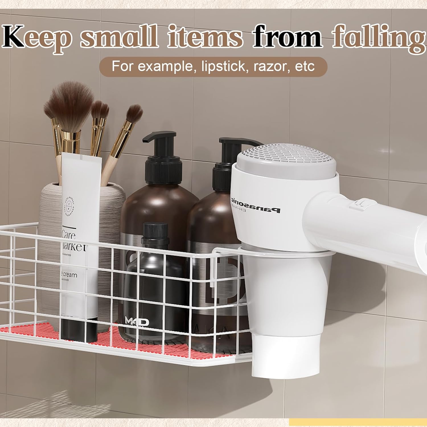 Wall-Mounted Hair Dryer Holder Styling Tool Organizer 4-Shelf Storage Wire Basket with Hook Heat Safe Rack for