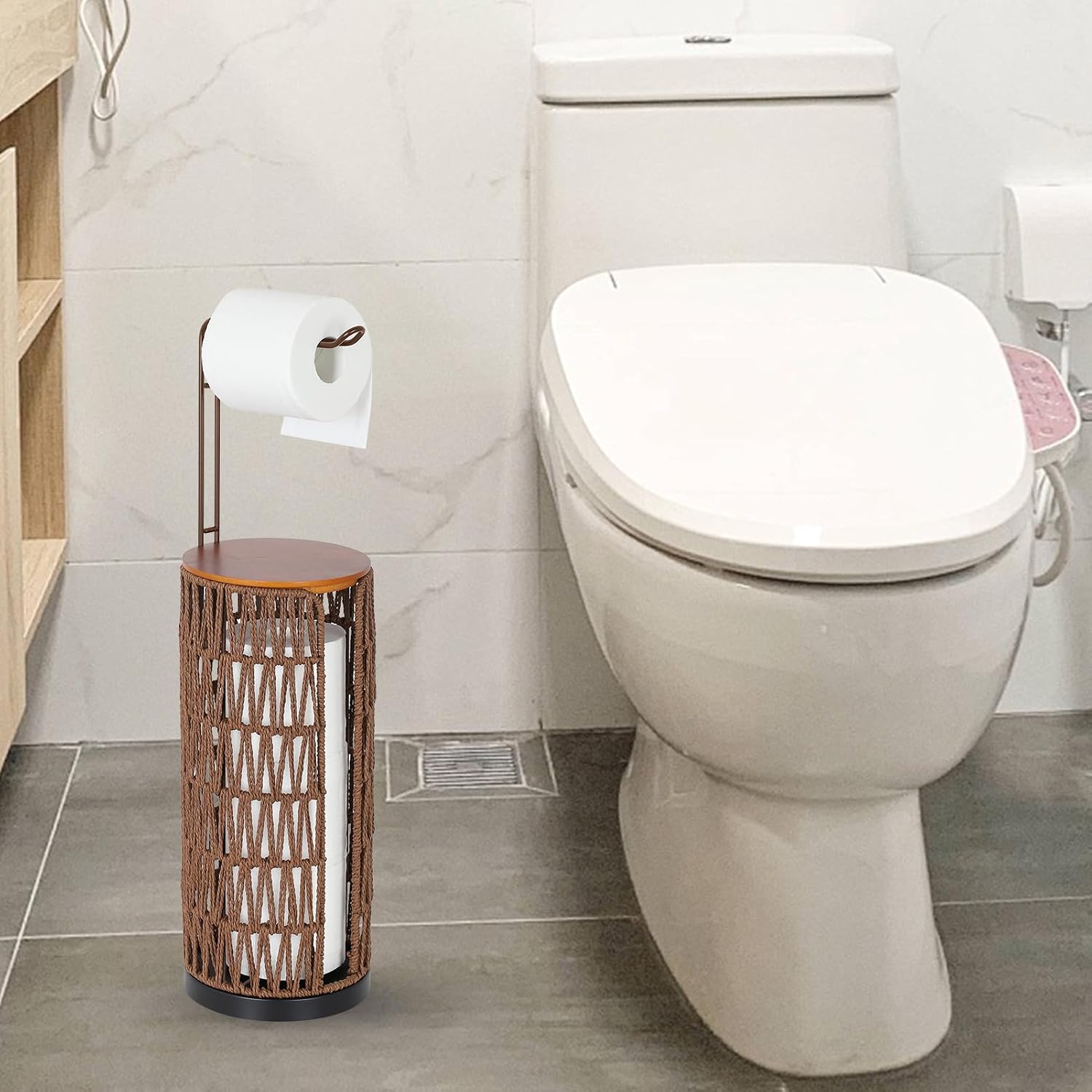 Freestanding Toilet Paper Holder with Storage,3 Rolls of Rattan Tissue Holder for Bathroom,Woven Toilet Paper Roll