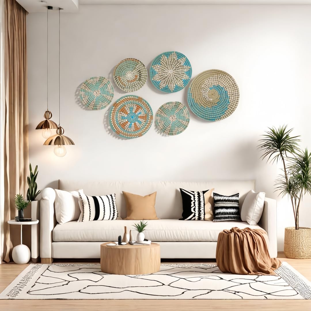 Boho Wall Basket Decor- Rattan Wicker Wall Basket Decorative Round Handmade Hanging / Set of 6