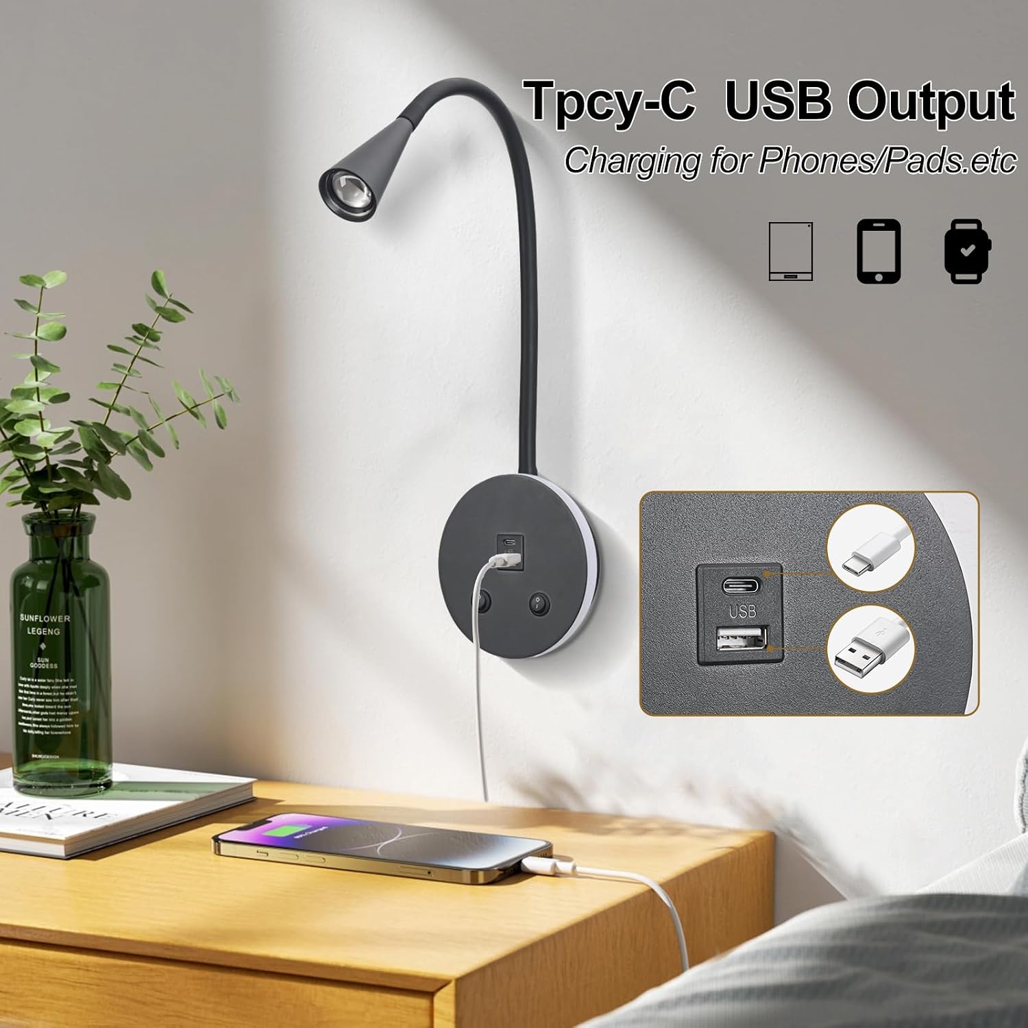 Book Lights for Reading at Night, LED Wall Mounted Reading Light, Flexible Gooseneck Wall Lamps for Bedroom, Plug in