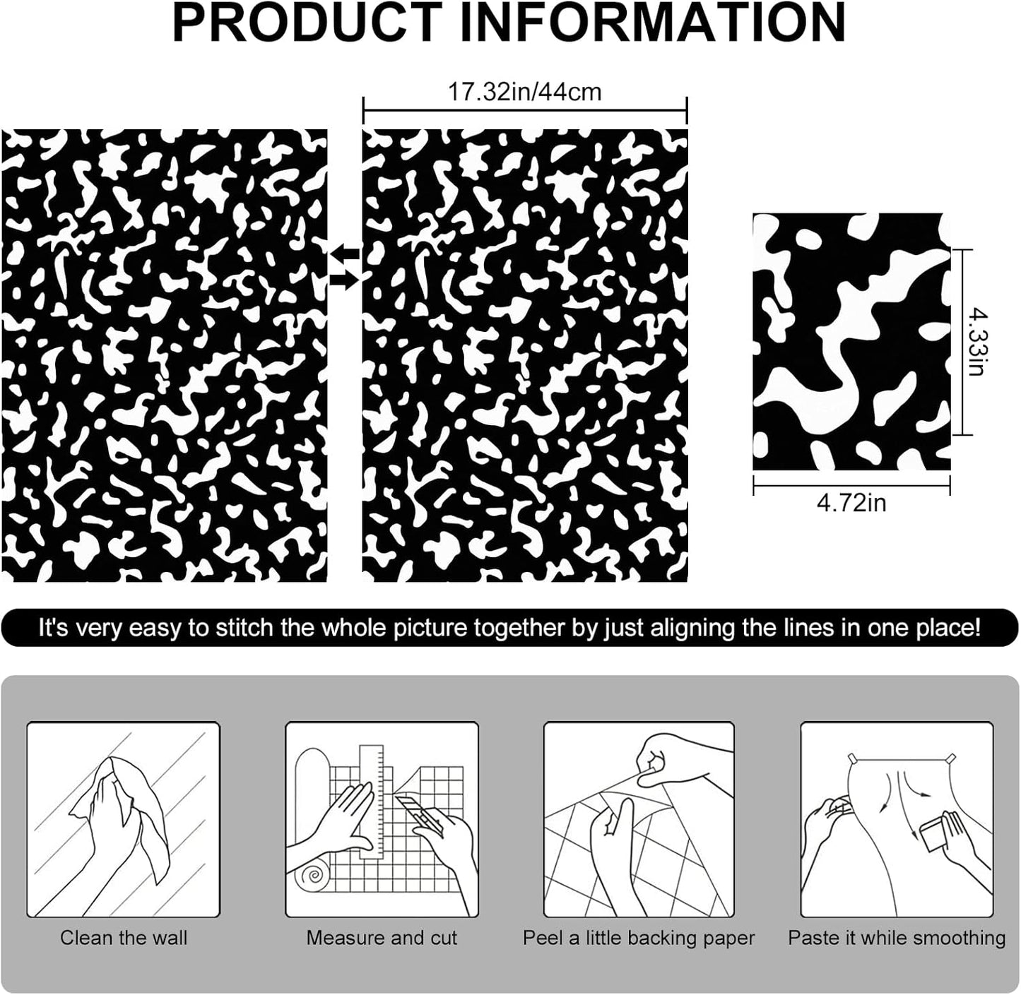 Black Contact Paper Composition Wallpaper Peel and Stick Wallpaper Vintage / 17.3 x 120 / White