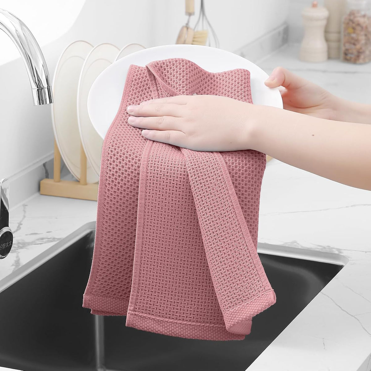 Homaxy 100% Cotton Waffle Weave Kitchen Dish Towels 6-Pack, Dried Rose | 13 x 28 Inches, Ultra Soft Absorbent Dish