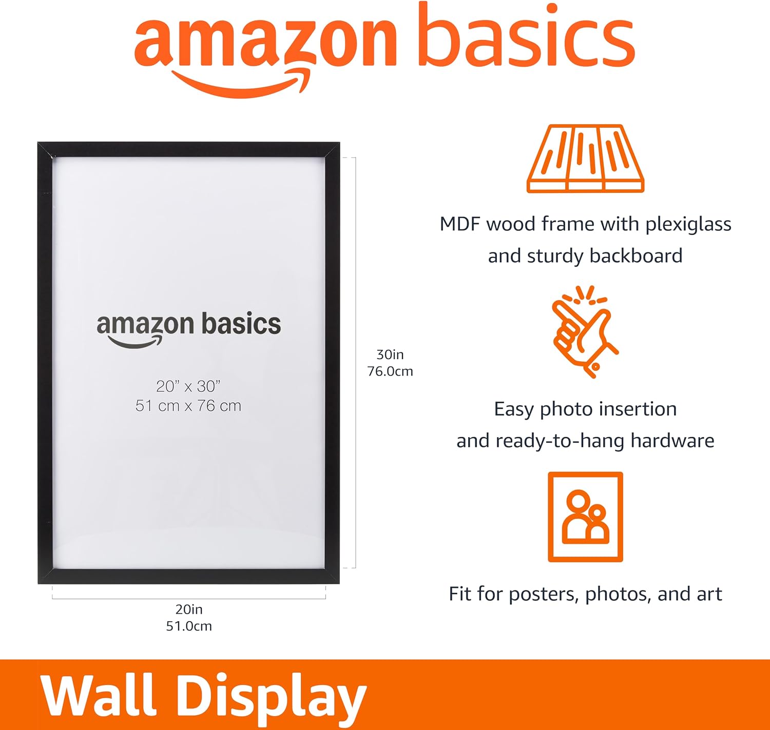 Amazon Basics Rectangular Wood Poster Frame, 20" x 30", Black