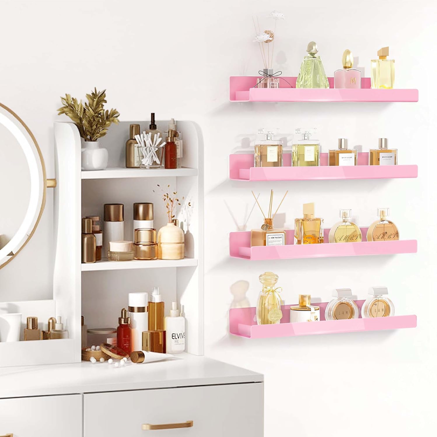 4 Pack 15 Inch Pink Acrylic Floating Wall Shelves, Kids Bookshelf | Modern Display Shelf for Nail Polish, Sunglasses