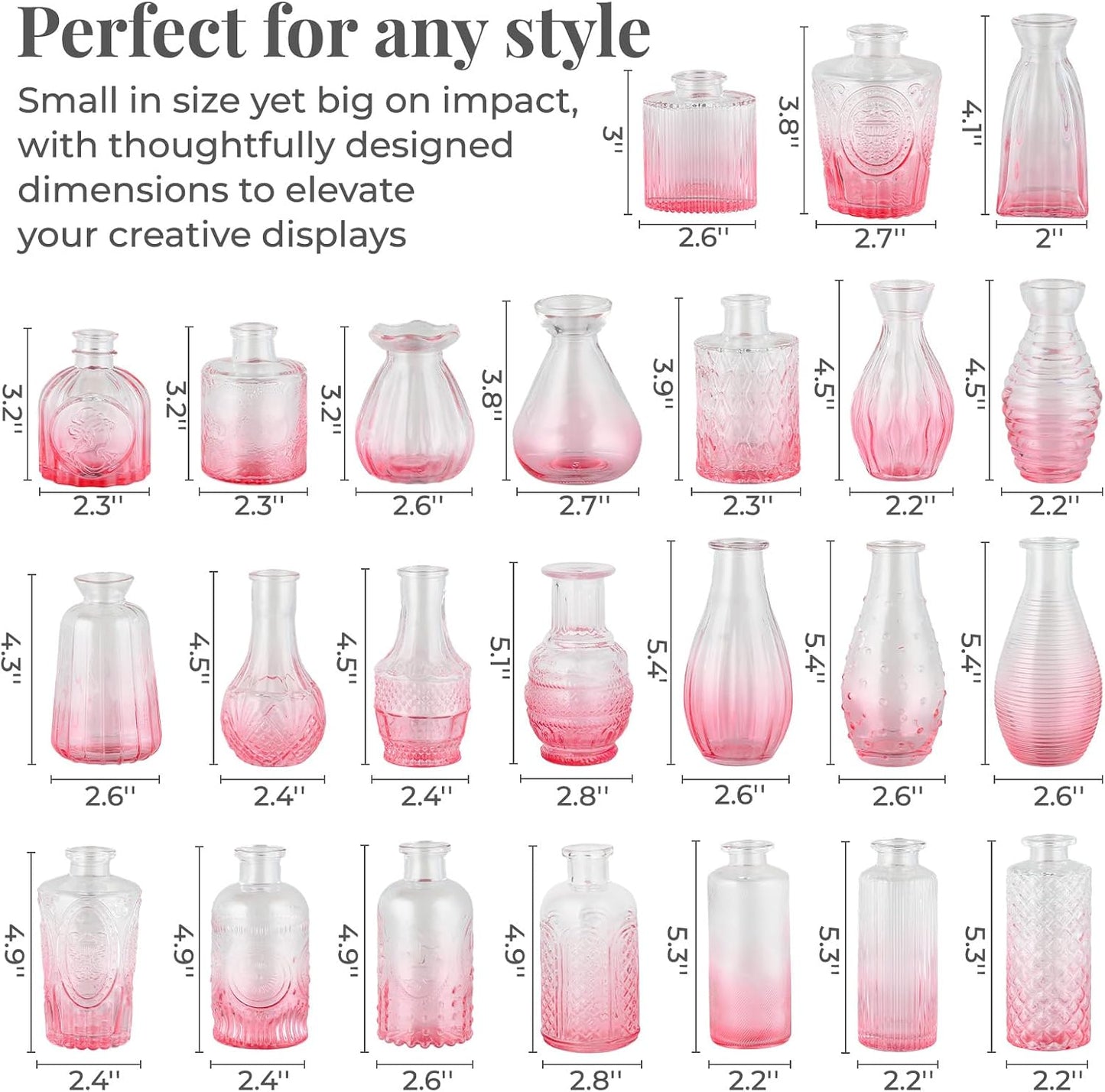 Mini Vintage Glass Bud Vases for Centerpieces / Pink Gradient / Set of 24