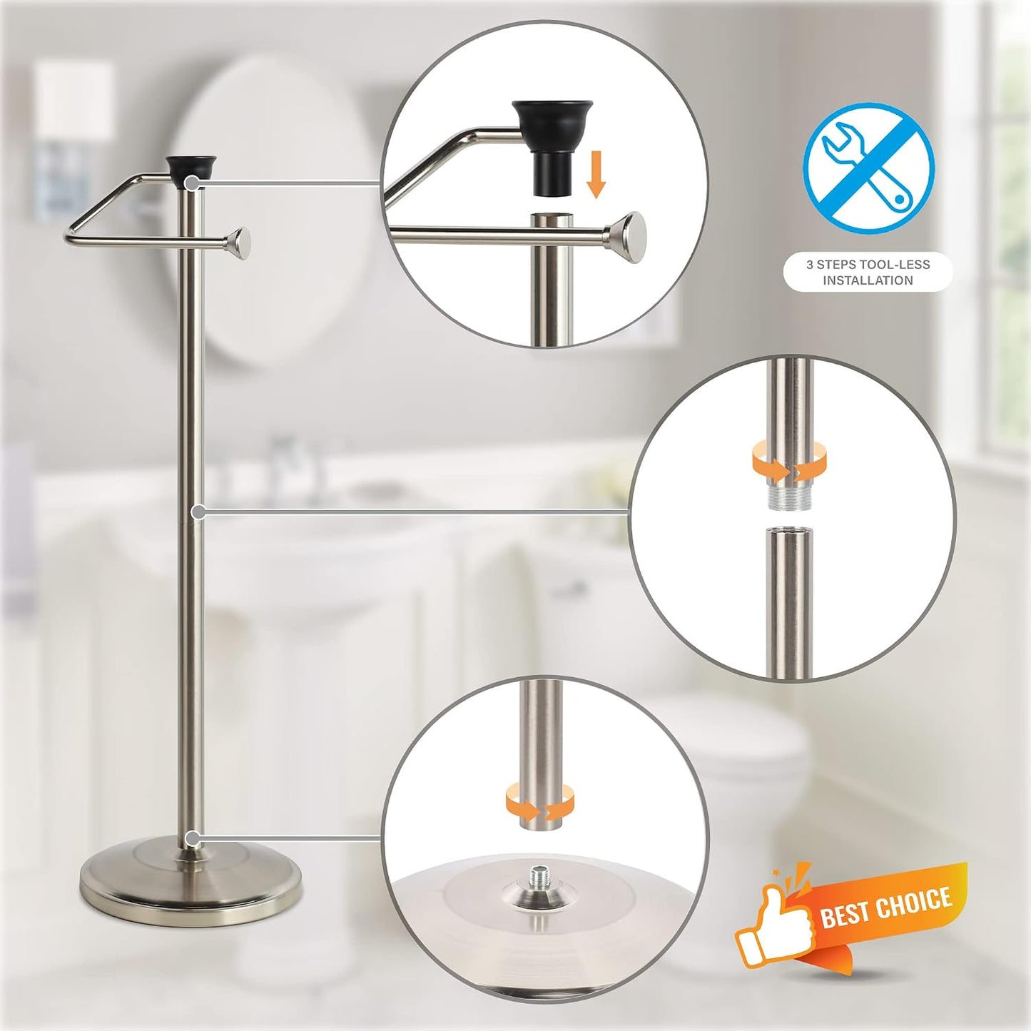 Toilet Paper Holder with Storage - Free Standing Tissue Dispenser - Nickel Finish - Holds up to 5 Mega Rolls - No Tools