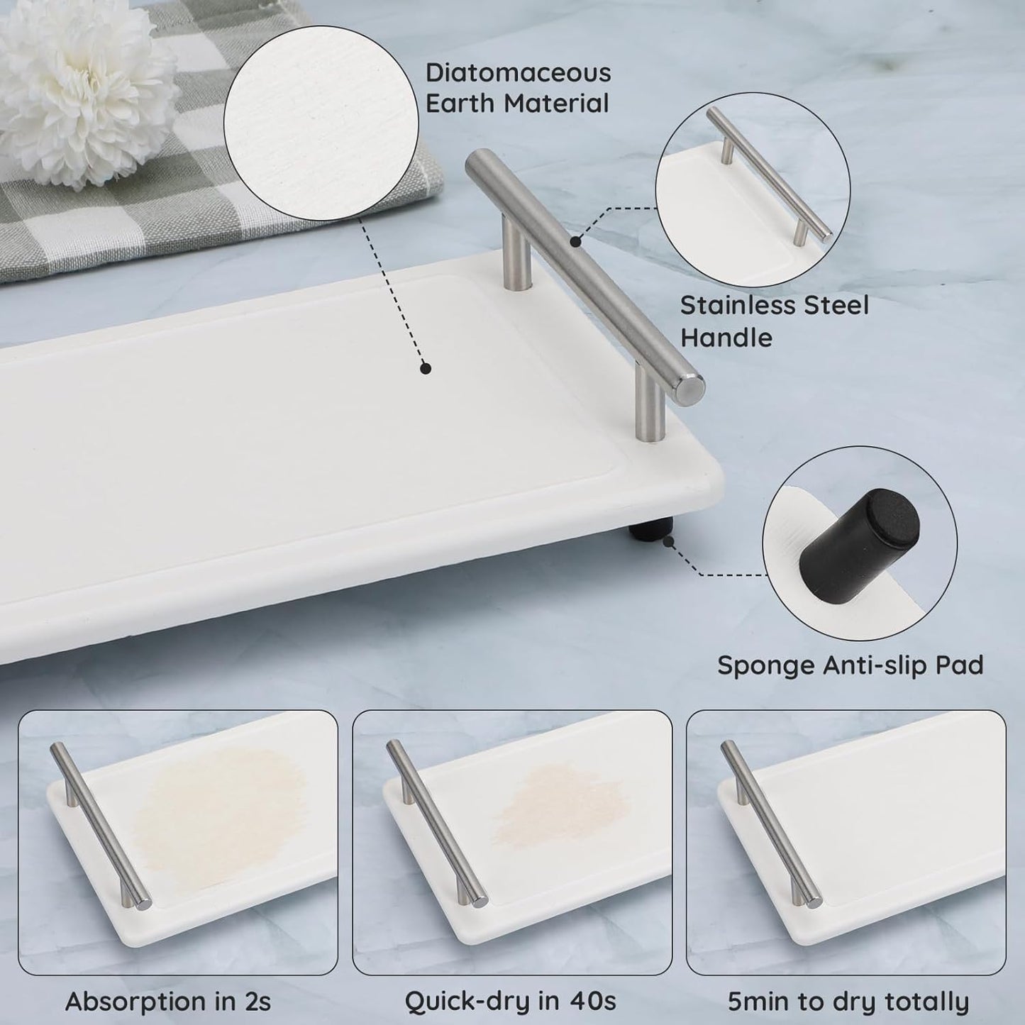 Countertop Organizer / in Quick Dry Stone Sink Tray / White-silver / 12.2 x 5.9 x 2.5