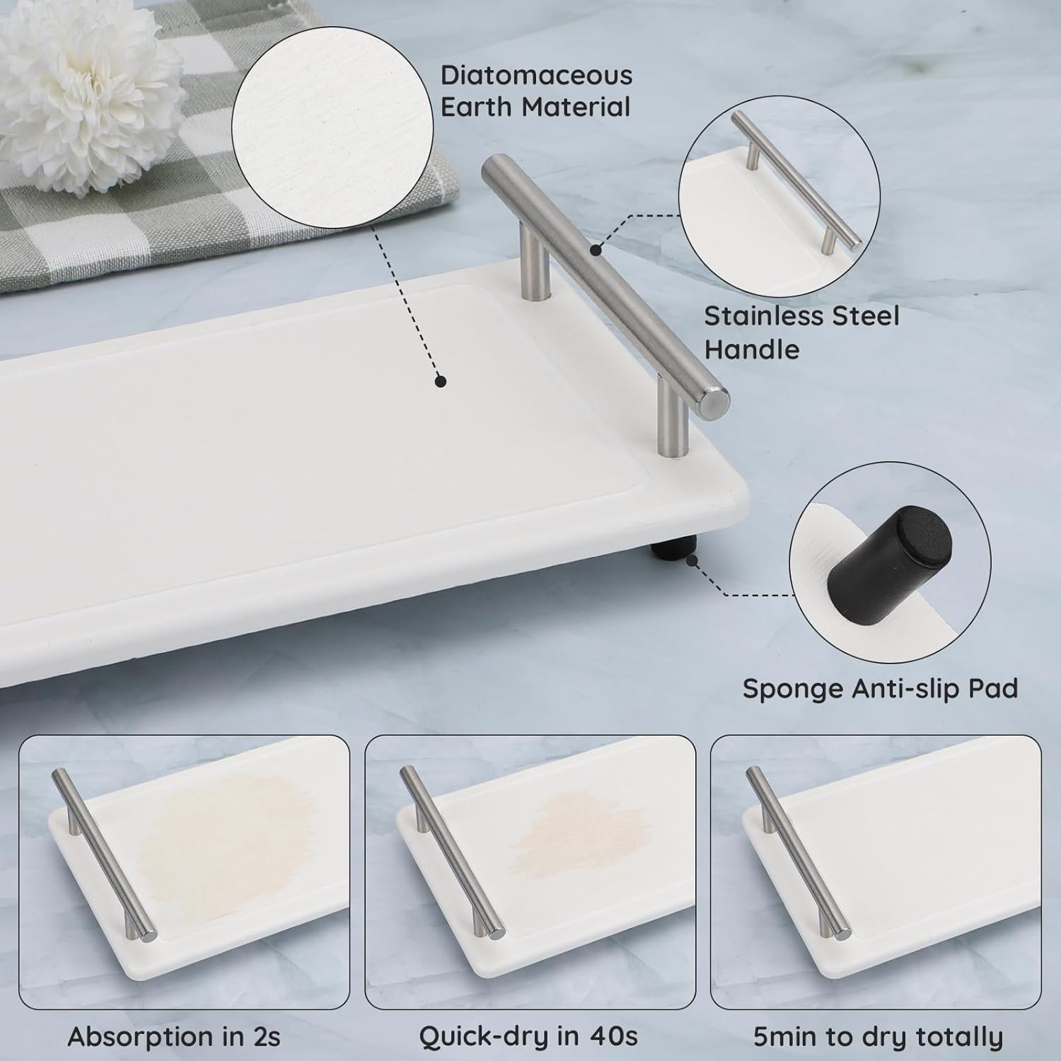 Countertop Organizer / in Quick Dry Stone Sink Tray / White-silver / 12.2 x 5.9 x 2.5