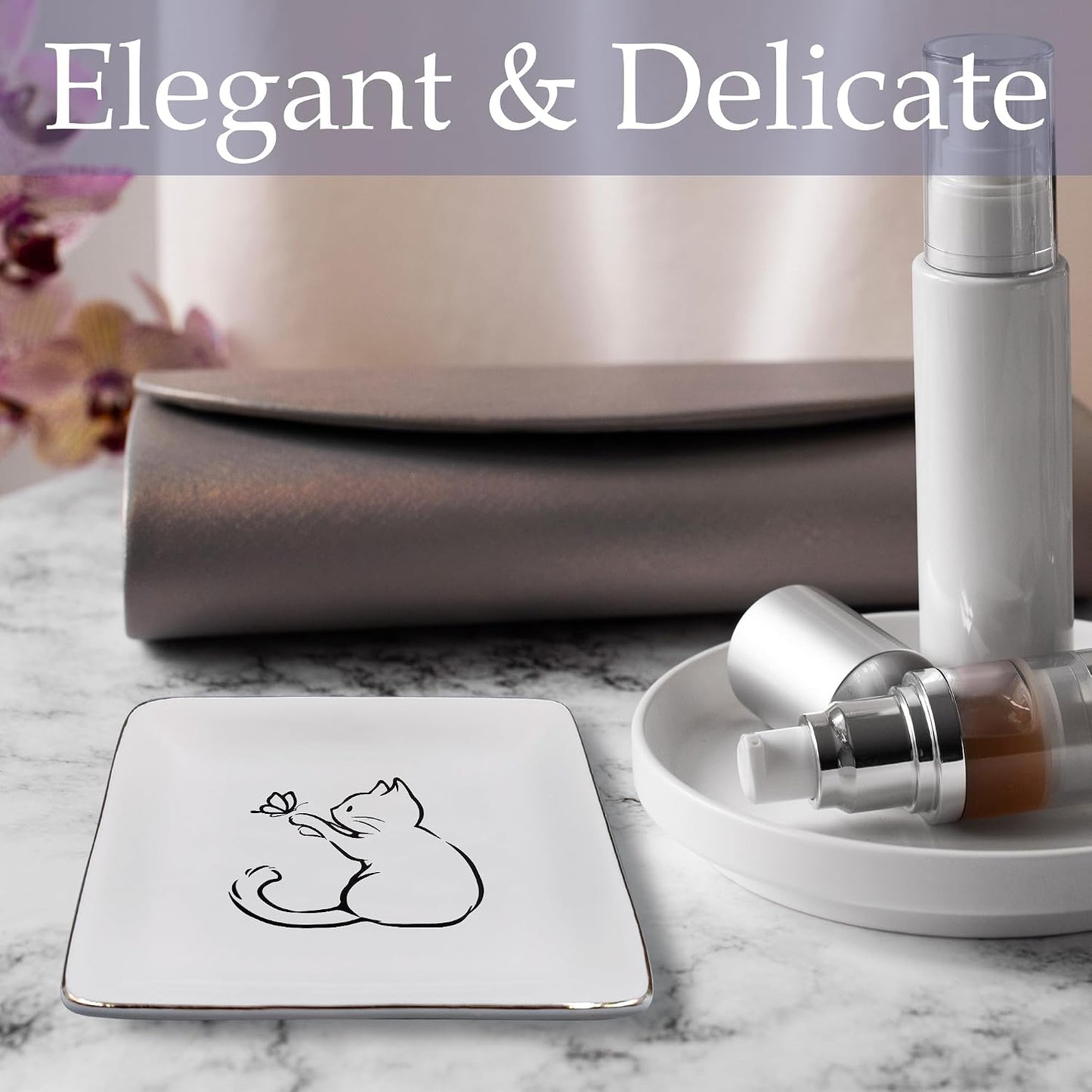 Ceramic Jewelry Tray for Rings & / Cat Butterfly / Black