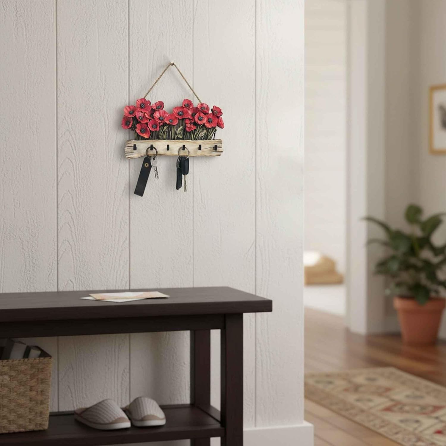 Wooden Key Holder / Rustic Poppy Flower Key Rack