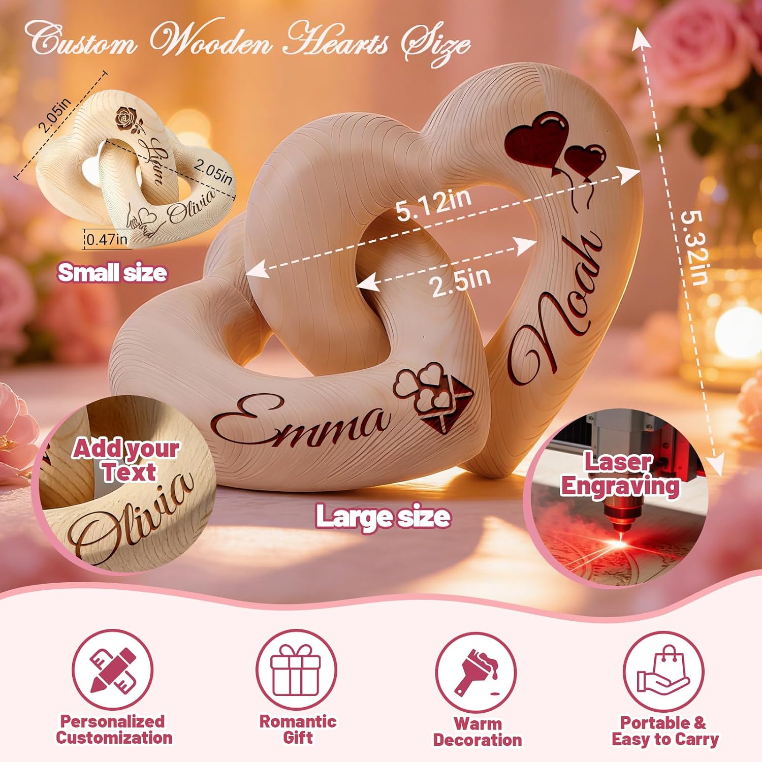 Romantic Wooden Knot / Personalized Interlocking Wooden Hearts
