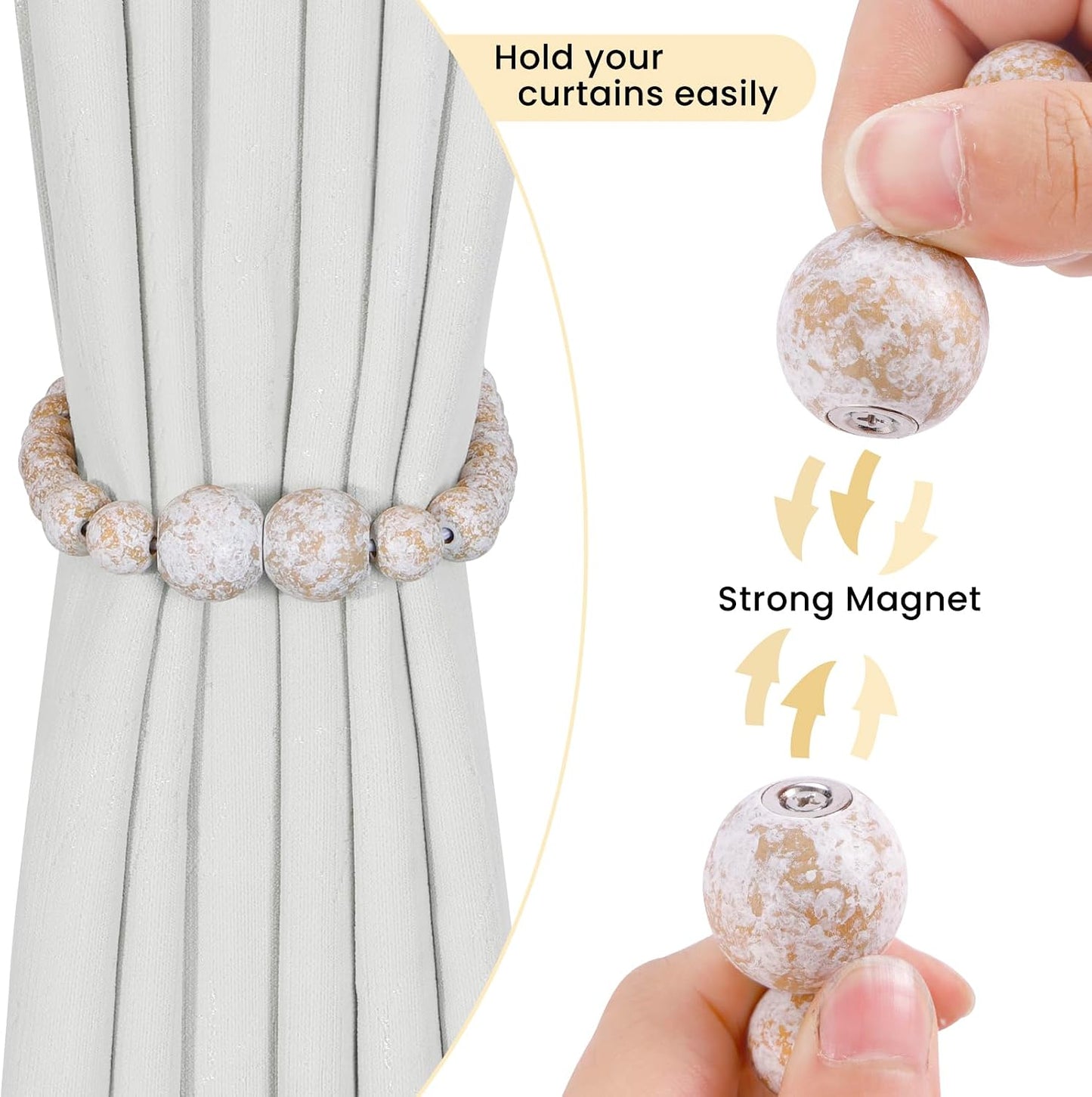 KLOGTSIND Magnetic Curtain Tiebacks, 6 Pack Wood Bead Curtain Holdbacks | Curtain Holders for Bedroom Decor, Boho Room