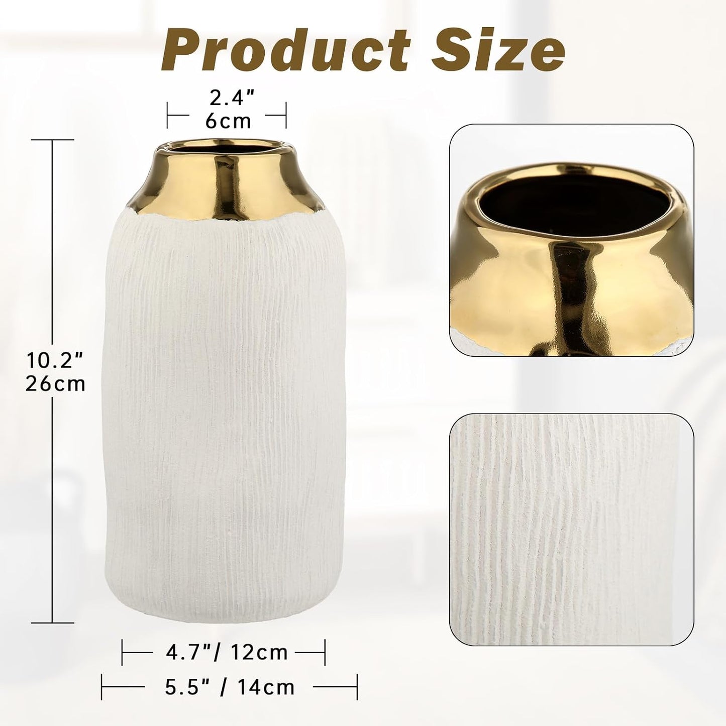 10.2" Ceramic Flower Vintage Vase / Gold&white