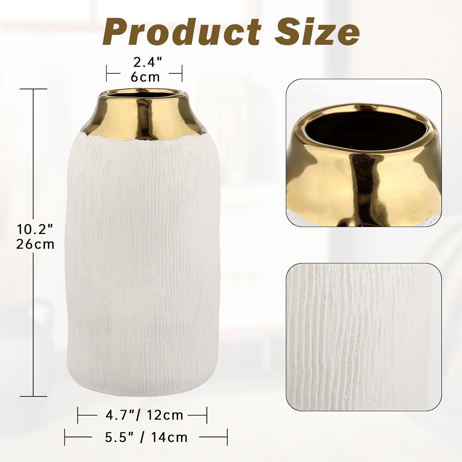 10.2" Ceramic Flower Vintage Vase / Gold&white